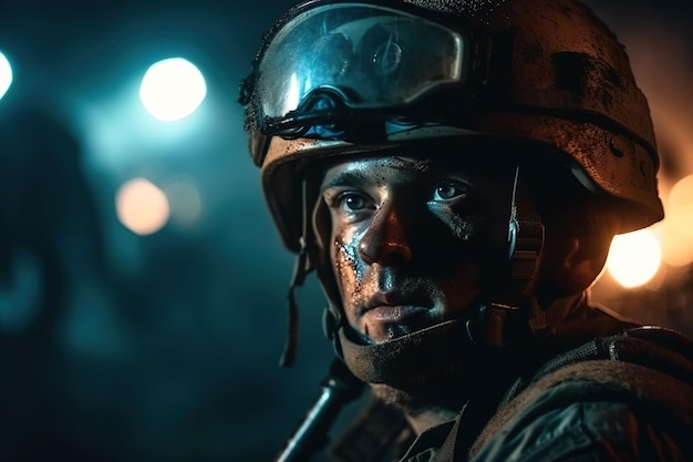 Portrait of soldier in modern ammunition at war on battlefield at night Generative AI