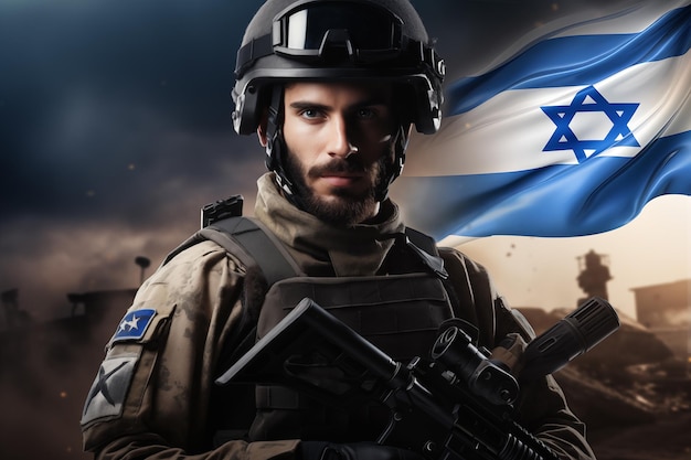 Foto ritratto di soldato con fucile d'assalto e bandiera di israele sullo sfondo forze di guerra militari