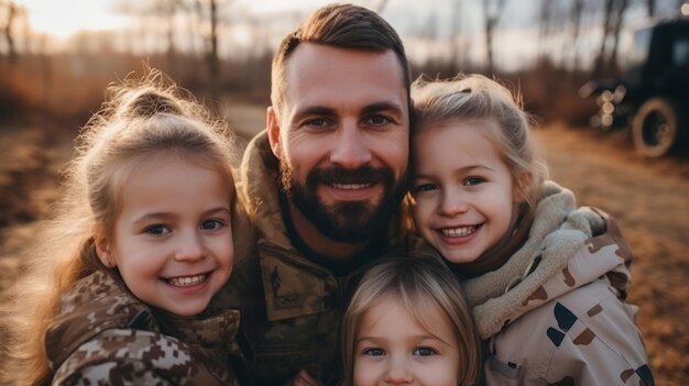 Photo portrait of soldier with happy children veteran homecoming concept