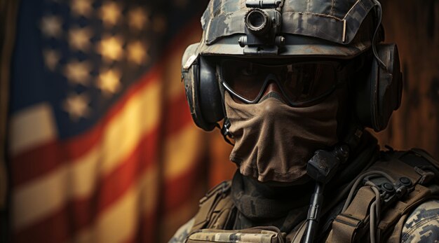 Portrait of a soldier with helmet and goggles American flag in the background