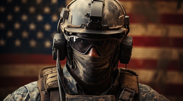 ヘルメットとゴーグルをかぶった兵士の肖像画背景にはアメリカ国旗