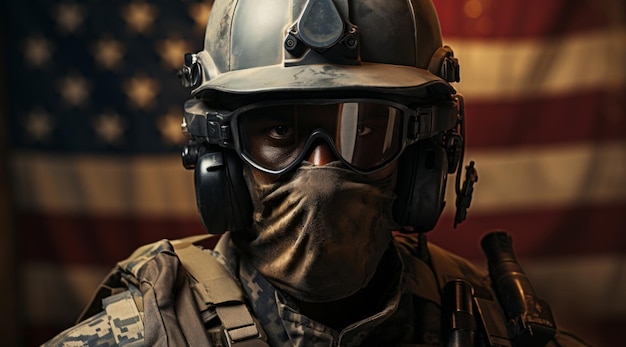 Портрет солдата с шлемом и защитными очками Американский флаг на заднем плане