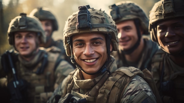 카메라를 바라보는 병사들의 초상화, 현대적인 유니폼을 입은 웃는 남성들의 얼굴, 숲 속의 행복한 군인 그룹, 전쟁의 개념, 중동 군대, 이스라엘 젊은이들의 위장.
