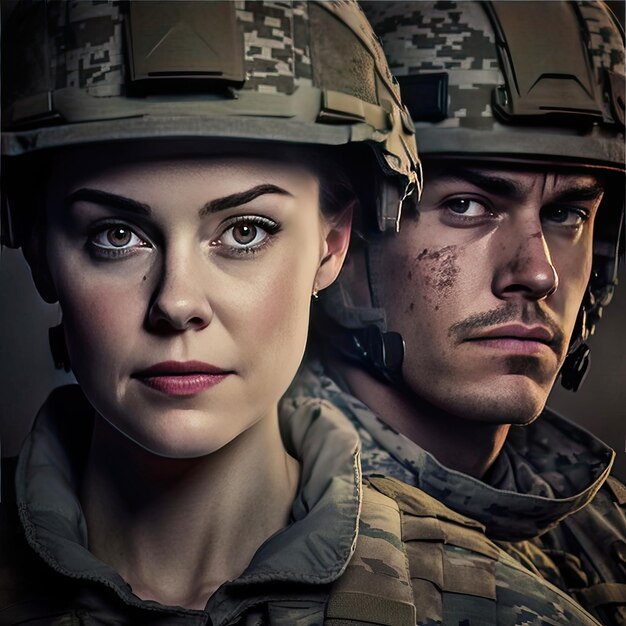 Portrait of soldiers in their military uniform One of them is a female soldier