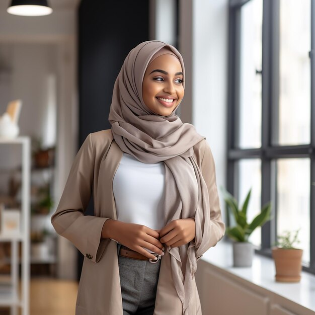 Foto ritratto di una donna somala con l'hijab al lavoro