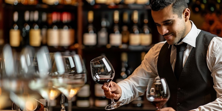 Photo portrait of a sommelier standing at a liquor counter
