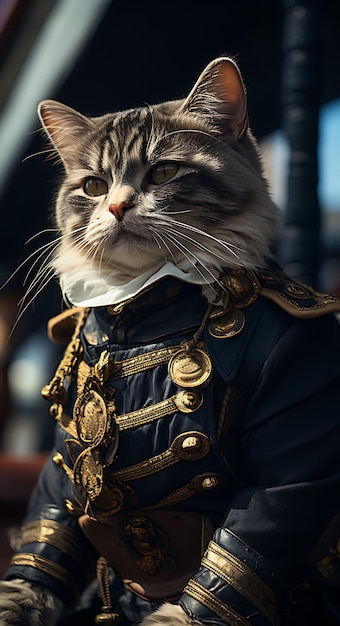 Портрет изощренной кошки британский короткошерстный пират адмирал костюм коллекции животных искусств