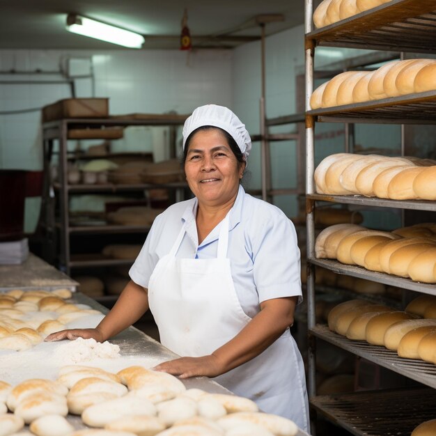 Portrait of a South American female baker in her 50s at the bakery