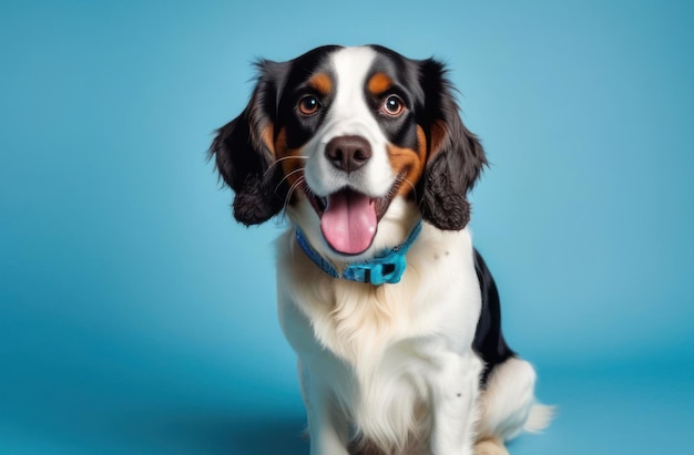 Portrait of a spaniel dog in a collar on a blue background