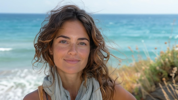 Photo portrait of a spanish woman enjoying the warm mediterranean sun on the beach