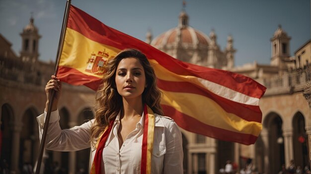 Photo portrait of a spanish woman holding a spanish flag