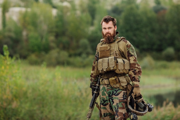 Portrait of the special forces ranger on battlefield