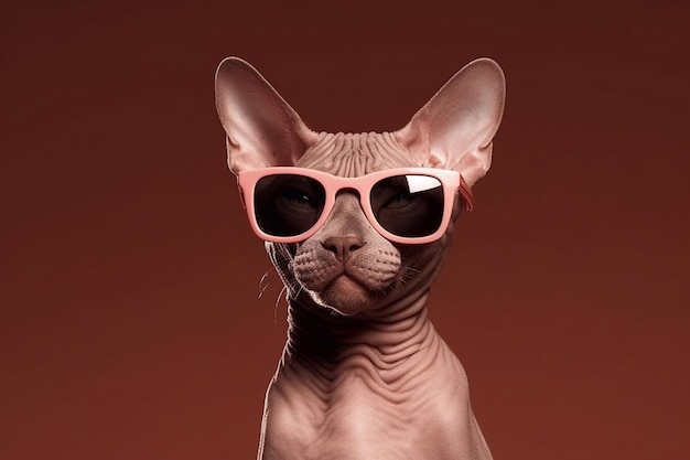 Portrait of a sphynx cat wearing brown sunglasses on brown background