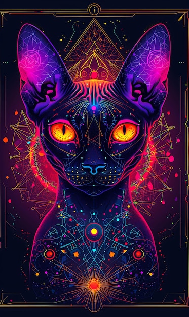 Portrait of Sphynx Cat With a Cybernetic Eye Implant Wearing a Metallic Cyber Poster Banner Flyer