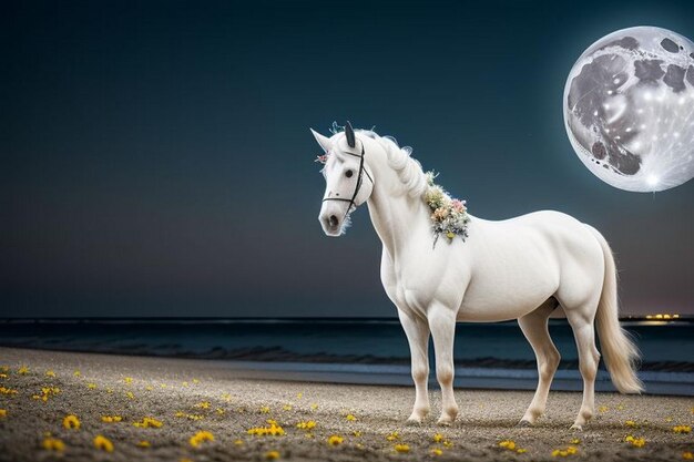 Foto ritratto di cavallo sportivo con una ghirlanda di fiori su sfondo nero