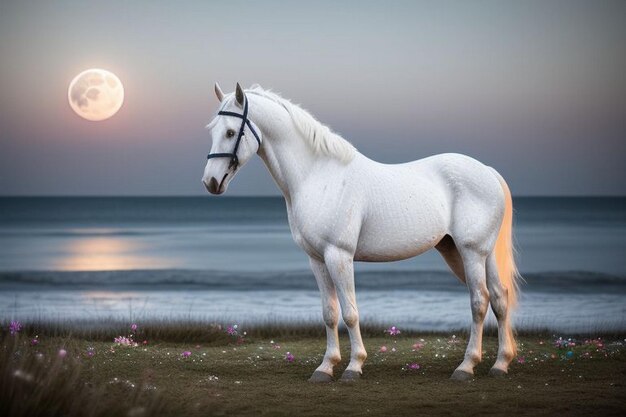 Foto ritratto di cavallo sportivo con una ghirlanda di fiori su sfondo nero