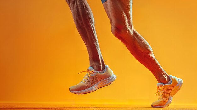 Portrait of sportive mans muscled legs running with a clean backdrop with a big space for text or sports type product advertisement Generative AI