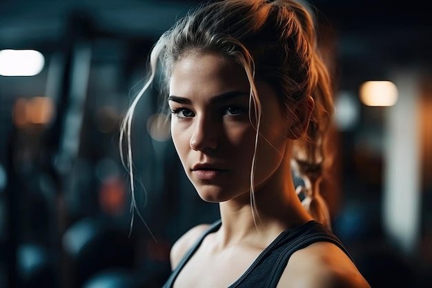 Портрет спортивной девушки-спортсменки на тренировке в тренажерном зале Generative AI