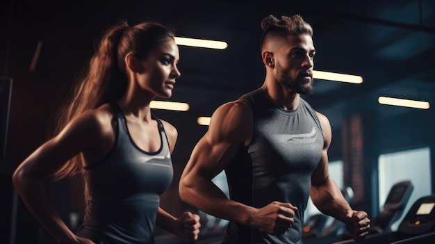 Portrait of sports man and woman training together in a gym running on treadmil