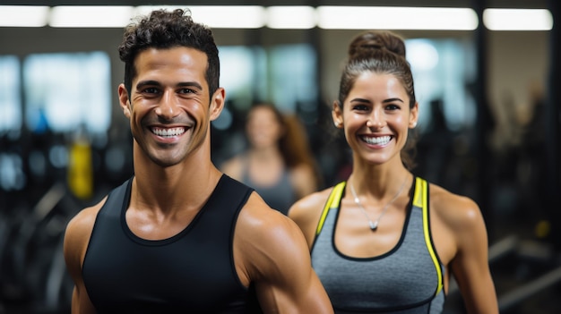 Photo portrait of sports man and woman training together in a gym