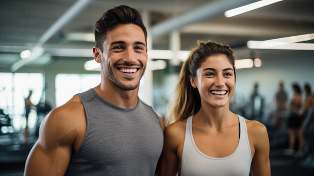 Портрет спортсмена и женщины, тренирующихся вместе в тренажерном зале