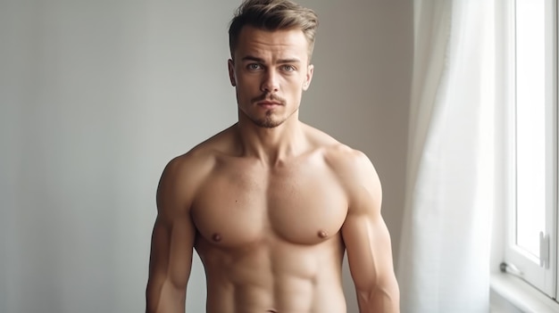 Portrait of sporty handsome strong man Healthy athletic fitness model posing