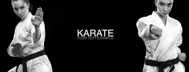 Portrait of sporty karate and taekwondo woman in white kimono with black belt on dark background