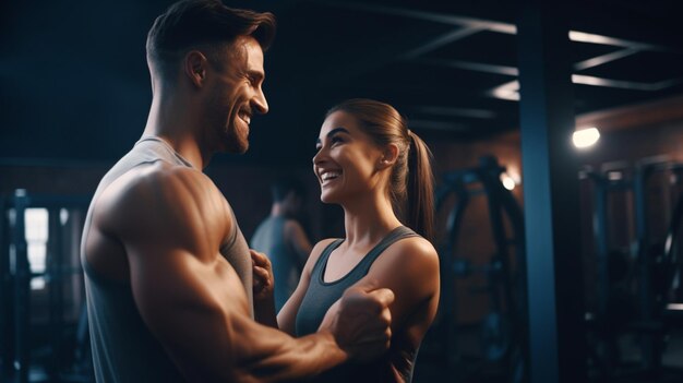 Portrait of sporty woman and man with muscular body in gym healthy lifestyle and sport