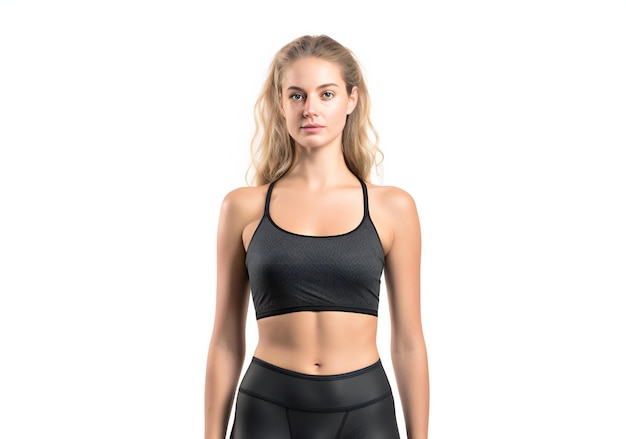 Portrait of sporty young woman in black sportswear isolated on white background