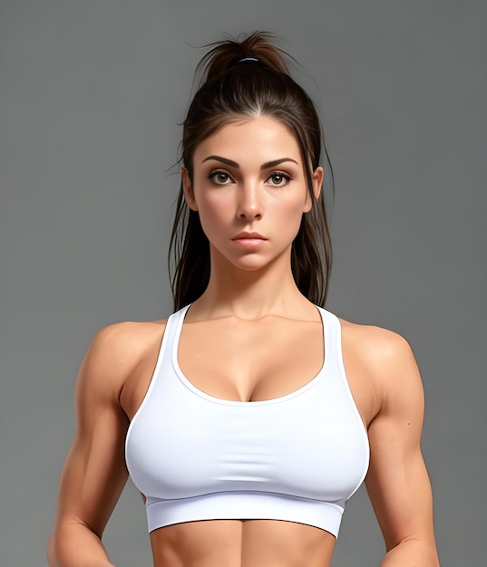 Pretty fit woman in a light blue sports bra. Shot on a white background.  Stock Photo