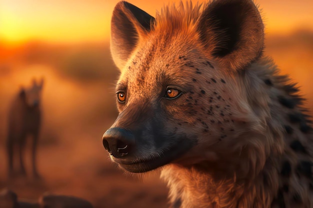 Portrait of a spotted hyena at sunset