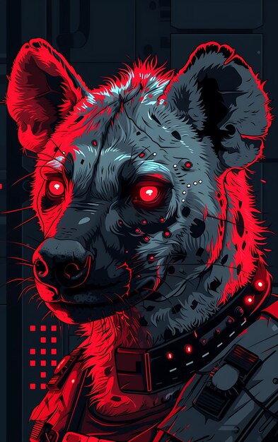 Portrait of Spotted Hyena With Cybernetic Jaw Implant Glowing Red Eyes S Cyber Poster Banner Flyer