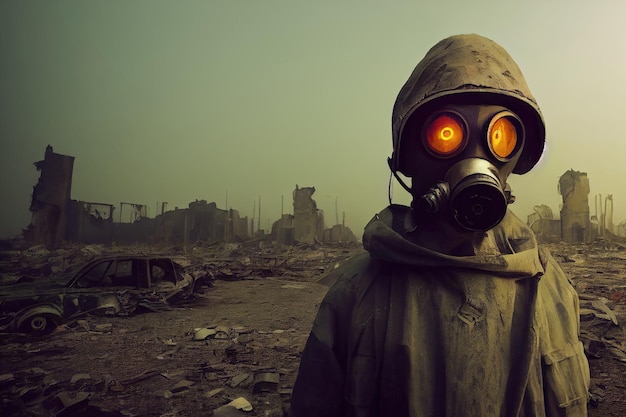 Portrait of a stalker in hazmat and wearing an old gas mask against an apocalyptic background