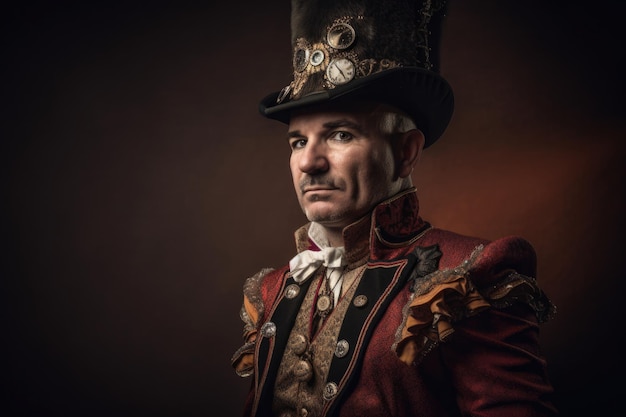 Portrait of a Steampunk Circus ringmaster with a commanding presence and an ornate coat