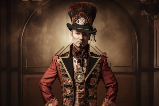 Portrait of a Steampunk Circus ringmaster with a commanding presence and an ornate coat