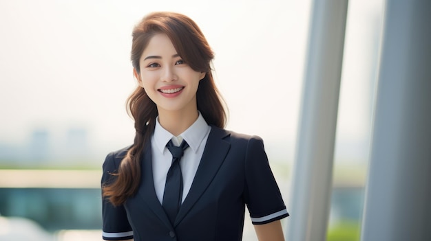 Portrait of a stewardess against the background of an airplane cabin