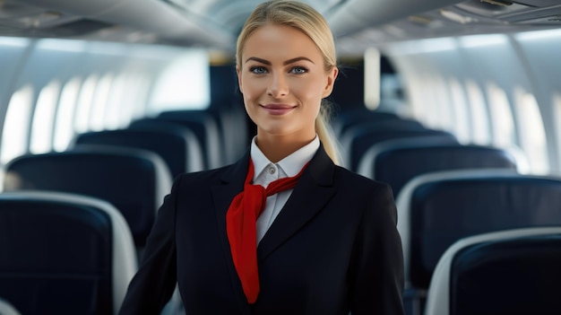 Photo portrait of a stewardess against the background of an airplane cabin