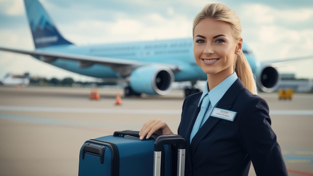 Portrait of a stewardess against the background of a passenger airplane