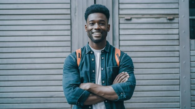 Photo portrait of stong and handsome african male student smiling with crossed arms over white wall