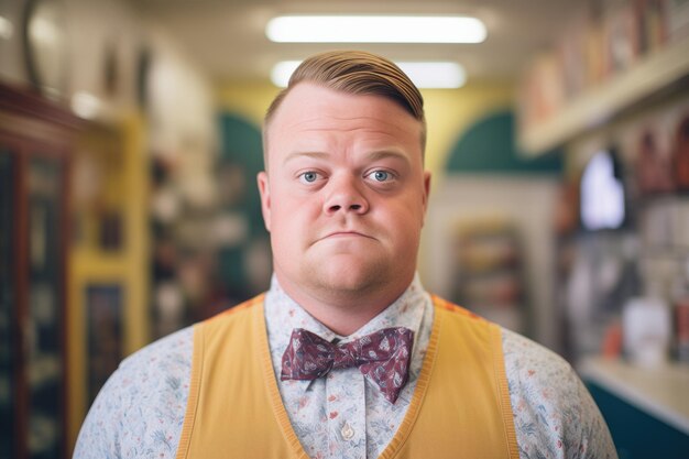 Photo portrait of store clerk wearing a vintage vest and bow tie