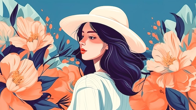 Portrait of a straw hat young woman in flowers generative AI