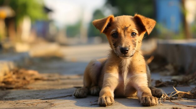 Portrait of a stray puppy dog sitting the street india