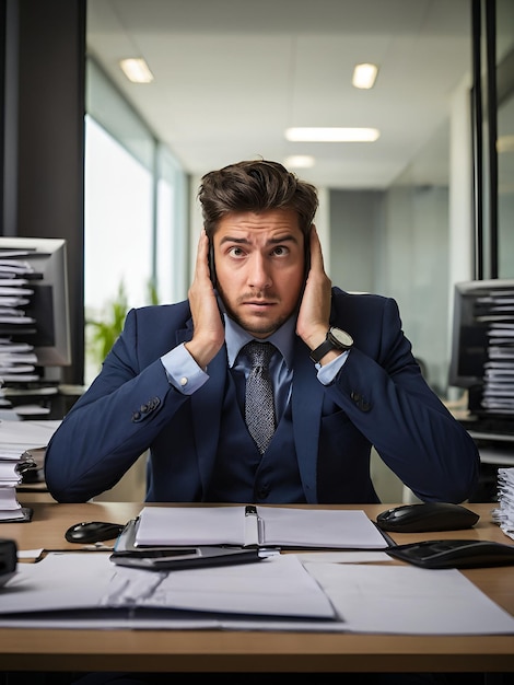 Photo portrait of stressed businessman sitting at desk in office and looking at camera