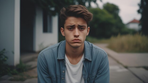 Portrait stressed sad young man outdoors ai generative