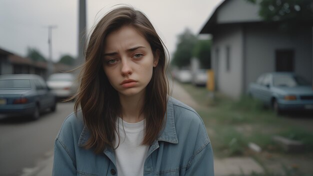 Photo portrait stressed sad young woman outdoors ai generative