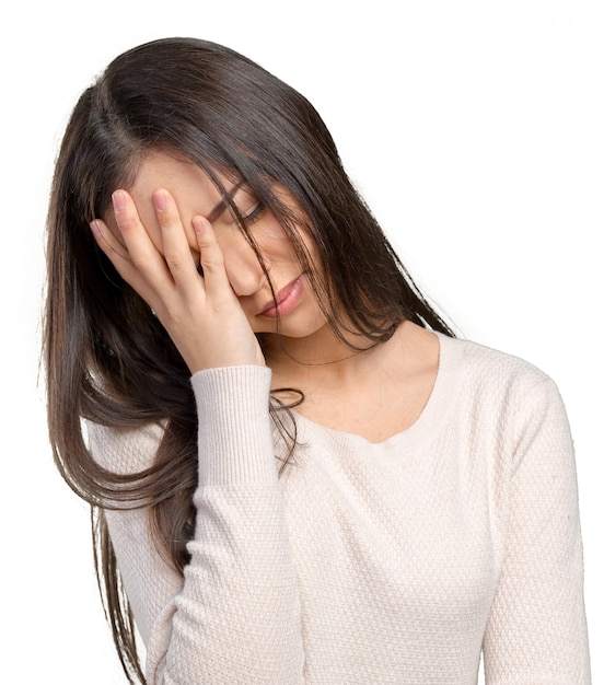 Portrait stressed sad young woman standing