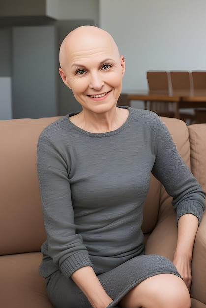 Portrait of a strong beautiful smiling woman with no hair cancer survivor sitting on the sofa in