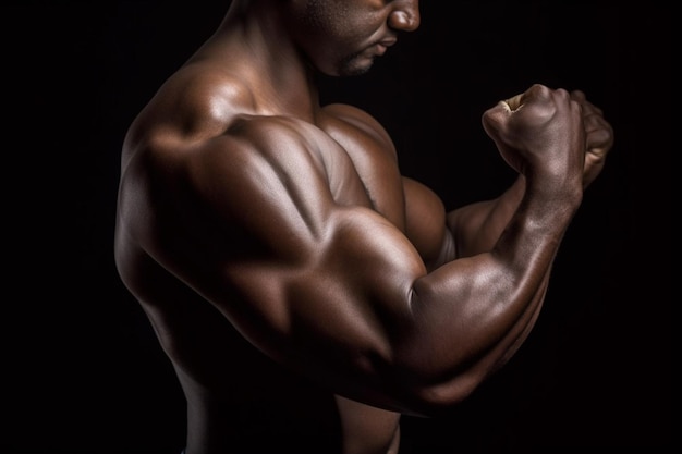 Portrait of a strong bodybuilder showing his muscles over black background