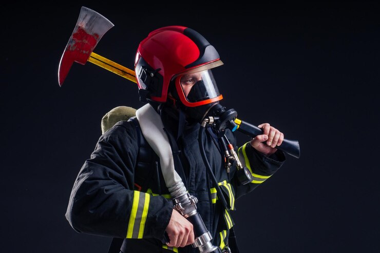 Photo portrait strong fireman in fireproof uniform holding an ax in his hands black background studio