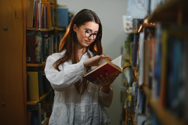 図書館で勉強している学生の女の子の肖像画